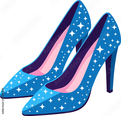 Blue High Heel Stiletto Shoes with White Sparkle Star Pattern