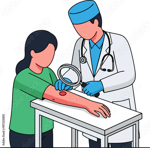 Dermatologist Doctor Examining Skin Lesion with Magnifier Tool Vector