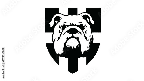 A stark, grayscale image shows a bulldog's head superimposed on a shield pattern. The style is graphic