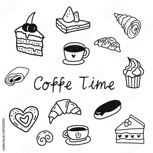 Cute coffee and dessert doodle line art vector. Hand-drawn cozy cafe illustration for stickers, menus, cards, and sweet bakery designs.