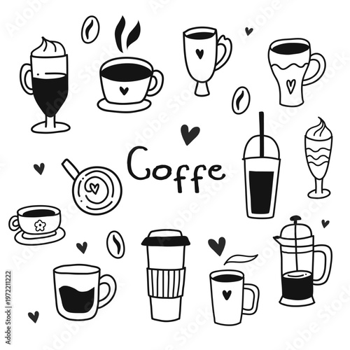 Cute coffee, desserts and bakery doodle line art vector. Hand-drawn cozy cafe illustration for stickers, menus, cards, and sweet designs.