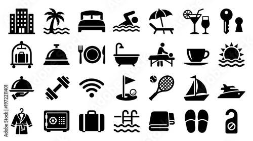Collection of hotel and resort service icons representing amenities and travel experiences for hospitality industry and vacation planning