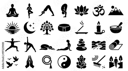 Collection of yoga and meditation icons representing wellness spirituality and healthy lifestyle symbols including nature elements and spiritual om symbol