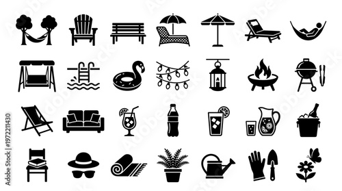 Collection of outdoor leisure and garden icons representing summer relaxation and activities like barbecues swimming and gardening