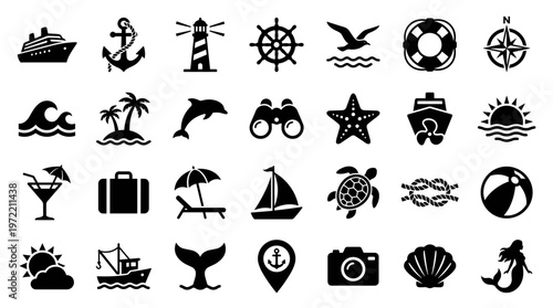 Nautical and Travel Icons Collection: A Diverse Set of Marine and Vacation Symbols for Your Projects