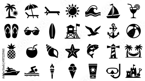 Summer vacation icons representing beach activities, travel, and relaxation with tropical elements and water sports