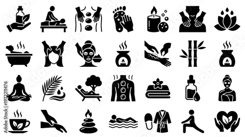 Collection of spa and wellness icons representing relaxation massage aromatherapy and healthy lifestyle treatments