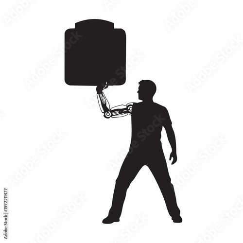 Silhouette man with robotic arm lifting heavy object depicting technology human enhancement bionic strength future of work innovation vector illustration