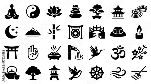 Collection of Zen Buddhism symbols and icons representing peace meditation spirituality and harmony in a clean graphic design