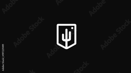 A geometric white design features a trident inside a shield against a black backdrop