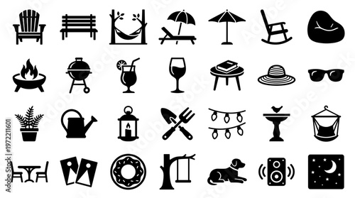 Collection of outdoor leisure and summer vacation icons representing relaxation and fun activities