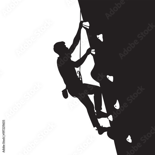 Rock climber silhouette scaling a challenging indoor climbing wall with holds a male athlete in climbing gear ascending a steep artificial rock face a dynamic black and white action shot