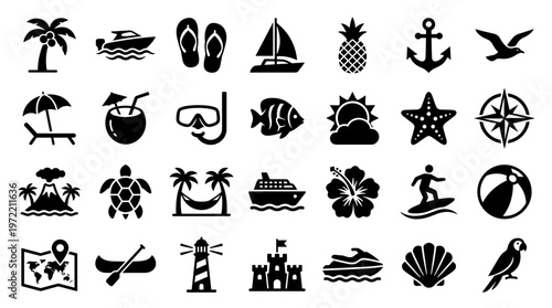 Collection of tropical island vacation and beach holiday icons representing travel leisure and summer fun activities