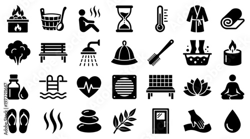 Collection of spa and wellness icons representing relaxation, health, and self care activities like sauna, massage, and yoga.
