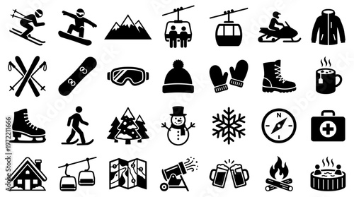 Winter Sports and Activities Icons Collection representing skiing snowboarding snowmobile and hot tub with campfire and drinks