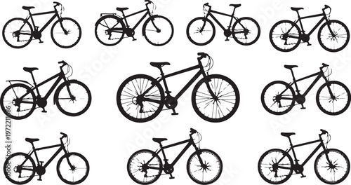 Collection of bicycle silhouettes in various positions and angles displayed