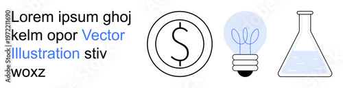 Business growth, sustainable energy, scientific research, innovation, lab studies, financial planning. Dollar sign, light bulb with sprout laboratory flask. Business growth and sustainable energy