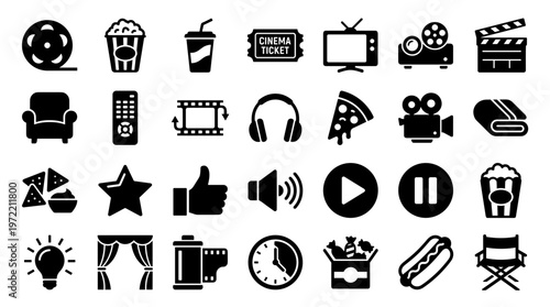 Collection of cinema and movie icons representing entertainment and leisure activities like watching films and enjoying snacks at home or in a theater