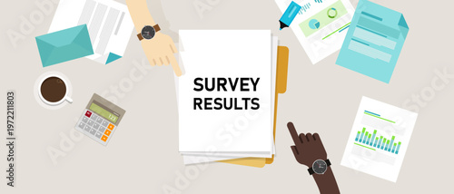 survey results document folders overhead view of business collaborative data analysis and strategic planning in a professional office environment