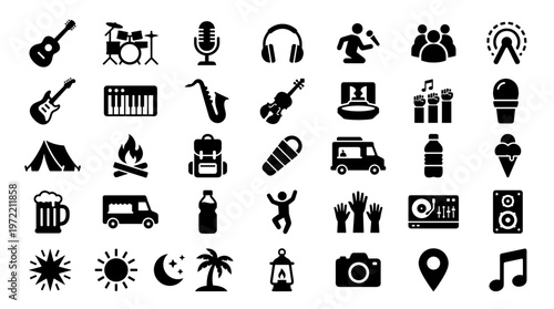 Collection of diverse icons representing music festival elements including instruments camping gear food and outdoor activities for event design and promotion