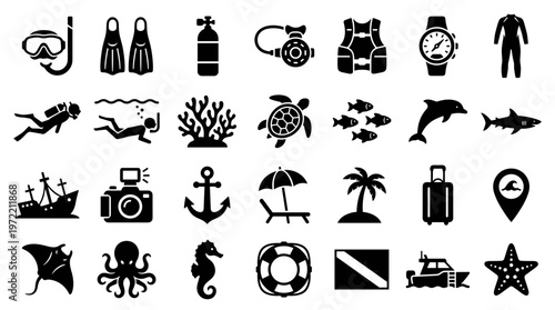 Collection of scuba diving and ocean life icons representing underwater adventure travel and marine exploration with symbols for equipment animals and destinations