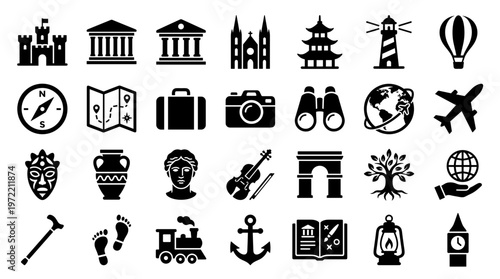 Collection of travel and culture icons representing historical landmarks, transportation, and exploration symbols for tourism and adventure themes