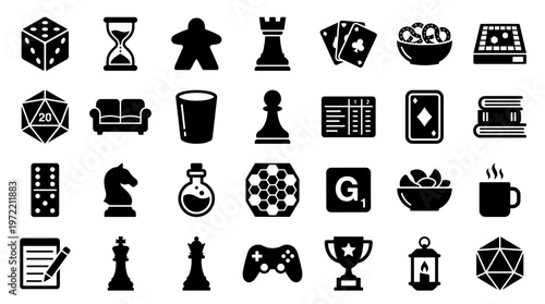Collection of board game and tabletop game icons representing various leisure activities and entertainment