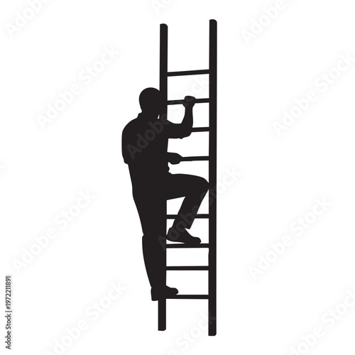 Man Climbing a Ladder Silhouette Vector Illustration Isolated on White Background Male Worker Ascending Stepladder Outline Graphic Black Figure of Person Going Up