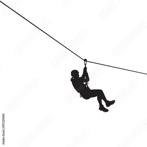 Person zip-lining silhouette across a high wire an individual in a helmet and harness gliding on a zip line a thrilling adventure sport activity in black and white vector format