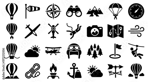 Adventure and travel icons set hot air balloon airplane parachute compass map binoculars mountains windsock for outdoor exploration and journey concepts