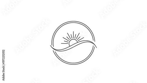 Minimalist Sun and Wave Logo Design in a Circular Frame.