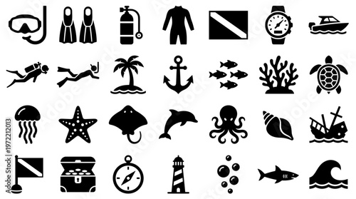 Collection of scuba diving and ocean life icons for underwater adventure and marine exploration themes