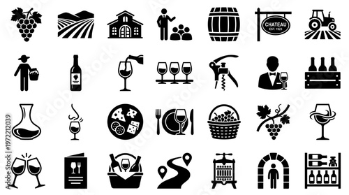 Collection of wine and vineyard icons representing the entire winemaking process from grape cultivation to tasting and enjoyment