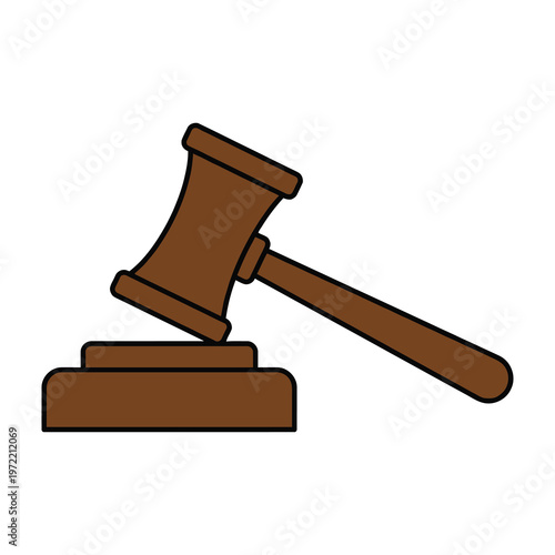 Brown gavel resting on sound block symbolizing justice and authority in a courtroom setting with white background