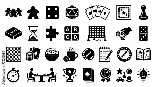 Collection of board game icons and symbols representing various tabletop games and leisure activities