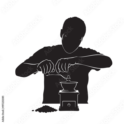 Man Grinding Coffee Beans Silhouette Vector Illustration Isolated on White Background Person Using Manual Grinder for Fresh Coffee Preparation Outline Graphic