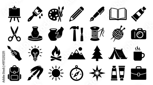 Collection of creative art and craft supplies tools and hobby icons representing diverse artistic activities and outdoor pursuits
