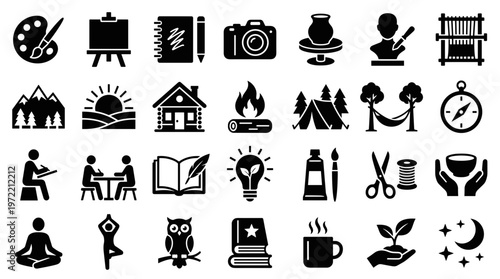 Diverse collection of icons representing hobbies creative arts nature activities relaxation and learning symbols for graphic design and web use