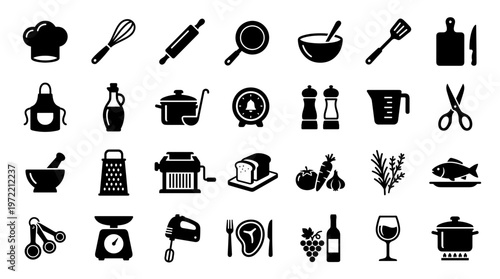 Collection of kitchen utensils and cooking ingredients icons representing culinary arts and food preparation for restaurants and home chefs
