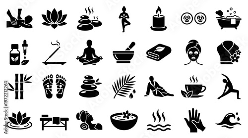 Collection of spa and wellness icons representing relaxation massage aromatherapy and beauty treatments