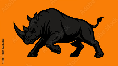 Black rhinoceros silhouette on an orange background, powerful animal.