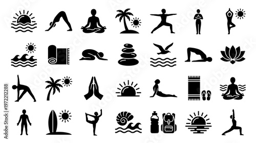 Collection of yoga icons and symbols representing healthy lifestyle, meditation, wellness and beach vacation activities