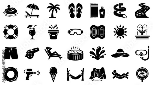 Collection of summer vacation and water park icons representing leisure activities relaxation and fun in the sun with various symbols