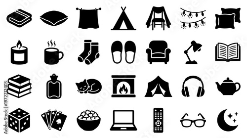 Cozy hygge icons set representing comfort relaxation and home leisure activities like reading and drinking hot beverages