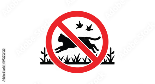 Prohibitory sign showing a silhouette of a cat hunting birds in grass, indicating no pets allowed