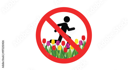 Red prohibition sign with a running stick figure symbol over colorful tulips and green grass, indicating no entry