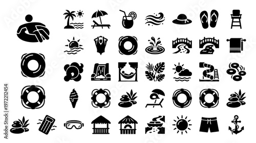 Collection of summer vacation and beach holiday icons representing relaxation travel and leisure activities on a white background