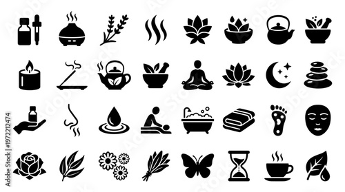 Collection of spa and wellness icons representing relaxation aromatherapy massage and self care with natural elements for beauty and health