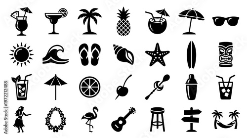 Tropical Vacation Icons Set Hawaiian Beach Summer Holiday Resort Elements Paradise Island Symbols