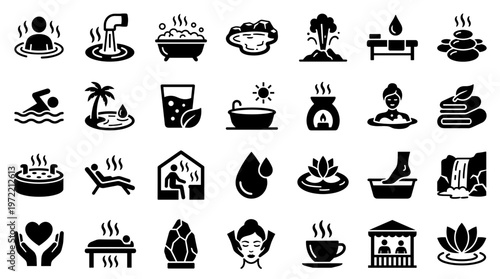 Collection of spa and wellness icons representing relaxation massage hot springs and beauty treatments for health and wellbeing concepts